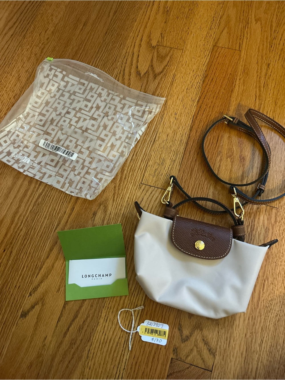 Longchamp Beige Mini Le Pliage Crossbody with Brown Trim